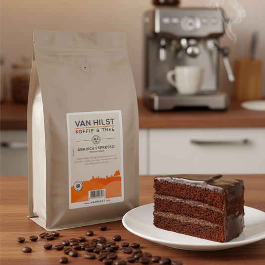 AI gegeneerd beeld van een pak Arabica Espresso op een werkblad in de keuken met een espressomachine op de achtergrond.