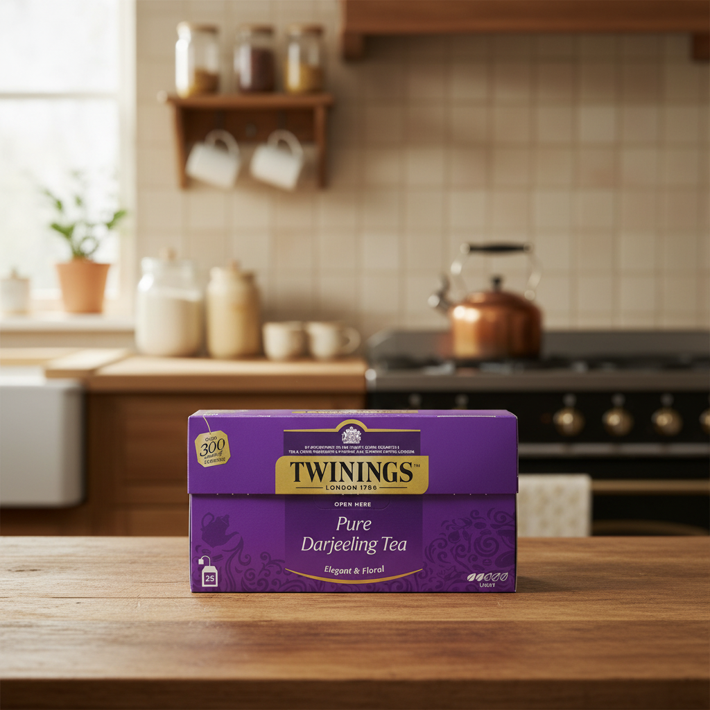 AI gegenereerd beel van een doosje Twinings Darjeeling in een keuken met een koperen fluitketel op de achtergrond.