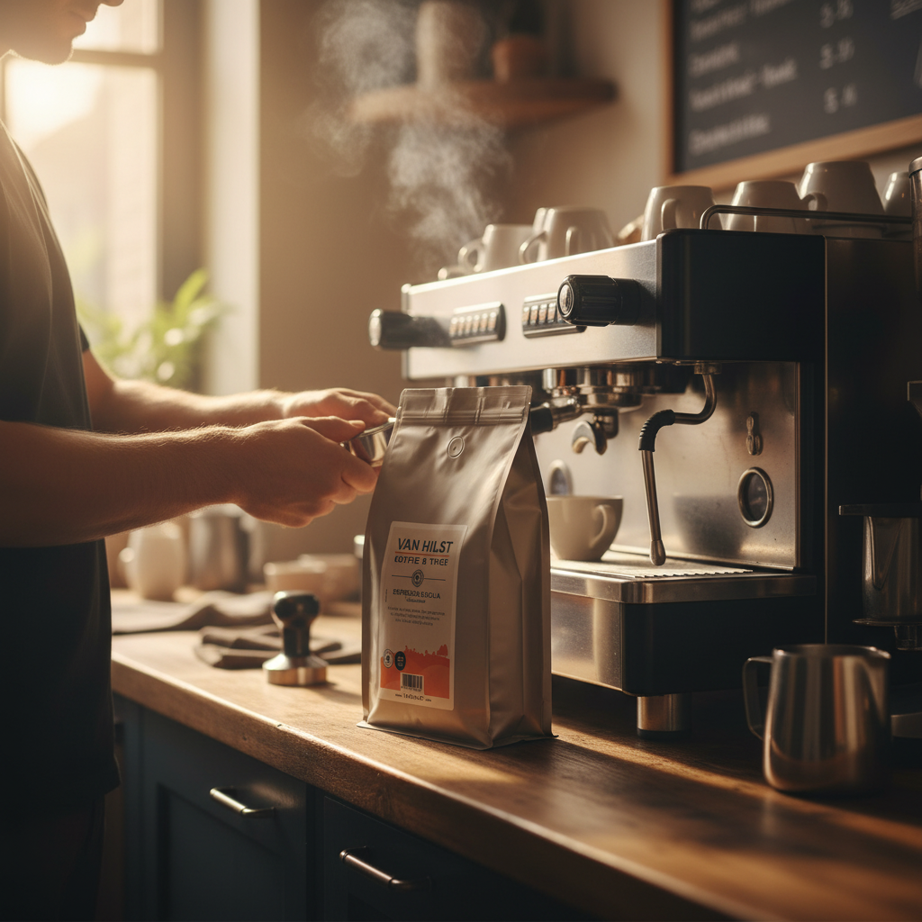 Een kilozak Sicilia Espresso van Van Hilst Koffie en Thee, op het werkblad naast een espressomachine, terwijl er koffie gezet wordt. Gegenereerd beeld.