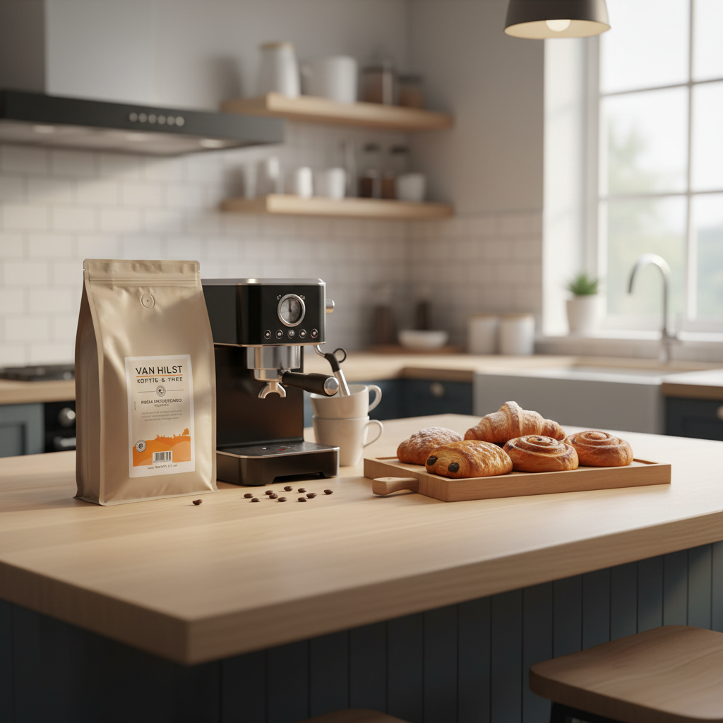 Kilozak India Monsooned op een kookeiland naast een klein espressoapparaat. AI beeld.