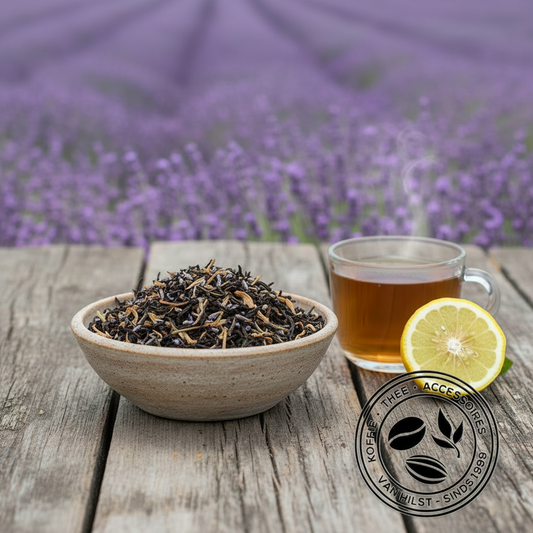 Een schaal No.117 Earl Grey Lavendel, een kop thee en een bergamotcitroen ernaast. Op de achtergrond een veld met lavendel.
Koop deze en andere losse thee op www.vanhilst.com.