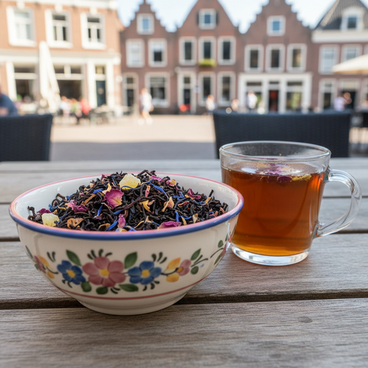 Gegenereerd beeld van een schaal Nijmegen Thee en een kop thee op een tafel op een gezellig terras.