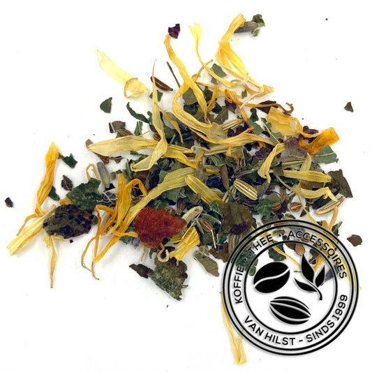 Melisseblaadjes, appel, venkel, anijs, rozebottelblaadjes, komijn, lavendelbloemen (6%), goudsbloembloesem, zoete braambesbladeren.