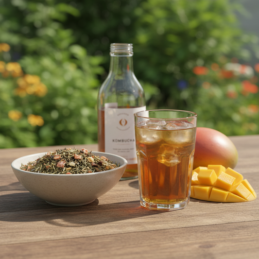 AI gegeneerd beeld van een glas ijskoude thee met een schaal No.241 Mango en Cacatusvijg, mango's en een fles kombucha.