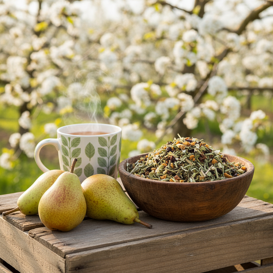 AI gegeneererd beel: Perenboomgaard met op de voorgrond: Toffe Peer melange van Van Hilst Koffie en Thee in een houten schaal op een fruitkist, met ernaast een paar peren en een mok thee.