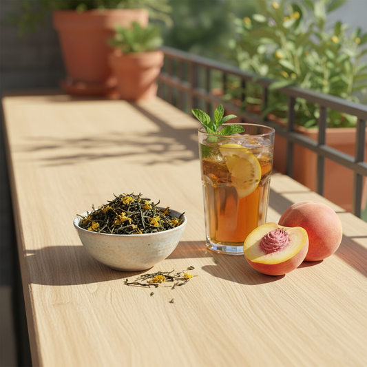 AI gegenereerd beeld van een glas ijsthee, een schaal Peach Bloom thee van Van Hilst Koffie en Thee, en een paar perziken ter decoratie. Dit alles op een houten blad in de tuin met terra cotta potten op de achtergrond.