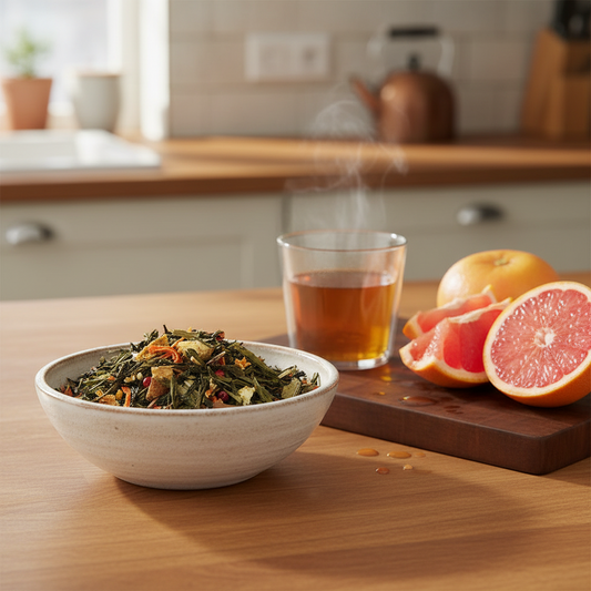 AI gegeneerd beeld van een schaal losse thee, ernaast een snijplank met stukken grapefruit en een glas dampende thee.