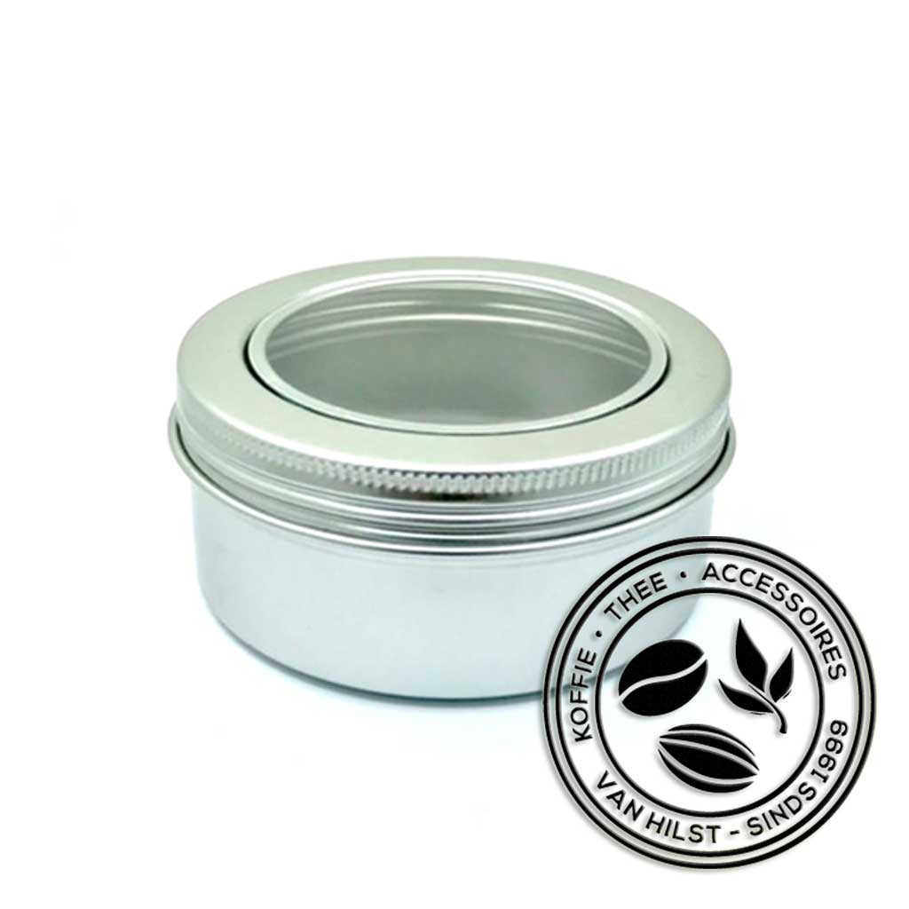 Rond theeblikje met venster en schroefdeksel