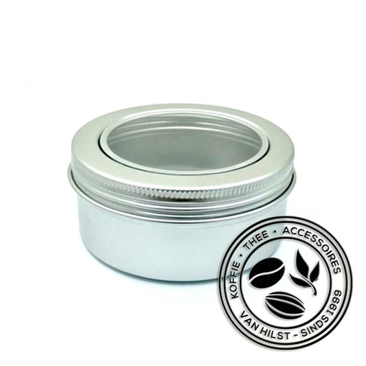 Rond theeblikje met venster en schroefdeksel