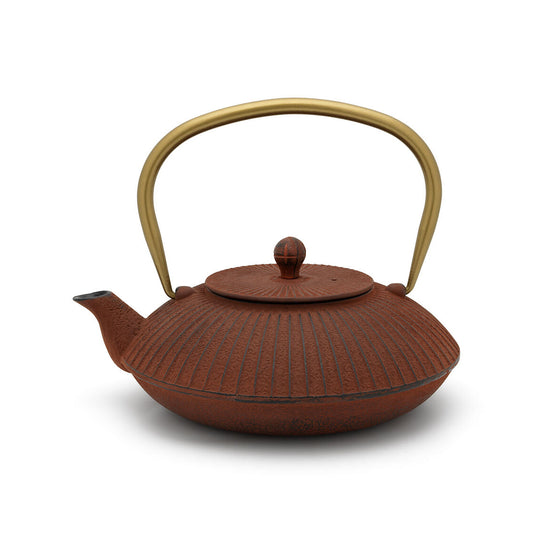 Bredemeijer Theepot Linhai, kleur brique - gietijzeren theepot, in Aziatische stijl, met gouden handgreep