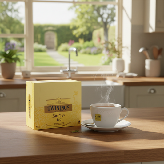 Doos Twinings Earl Grey zakjes met een witte kop thee, waarin een theezakje van Twinings, op een houten werkblad in een lichte Engelse keuken. Gegenereerd beeld.
