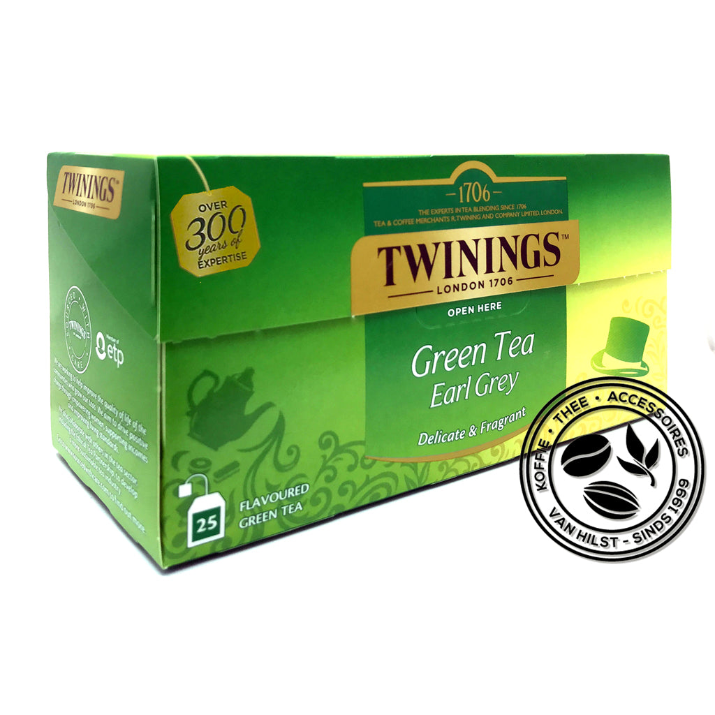 Doosje Twinings Green Tea Earl Grey - Logo met tekst: KOFFIE - THEE - ACCESSOIRES - VAN HILST - SINDS 1999