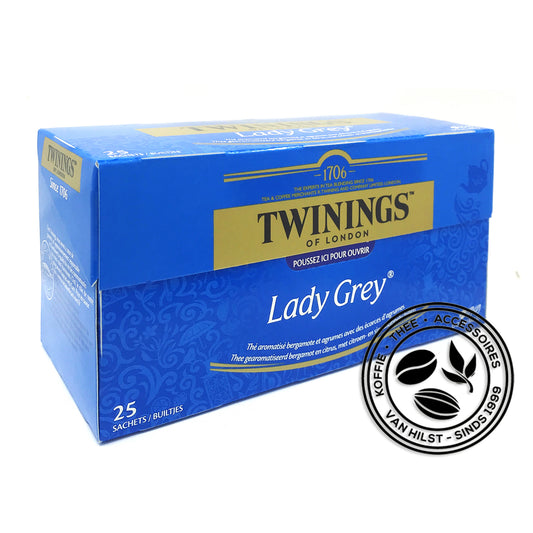 Twinings Lady Grey 25 theezakjes. Blauw doosje met Nederlandse en Franse productinformatie.