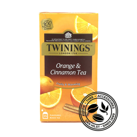 Nieuwe verpakking Twinings Orange & Cinnamon Tea. Oranje met bruin gekleurd met logo Van Hilst Sinds 1999