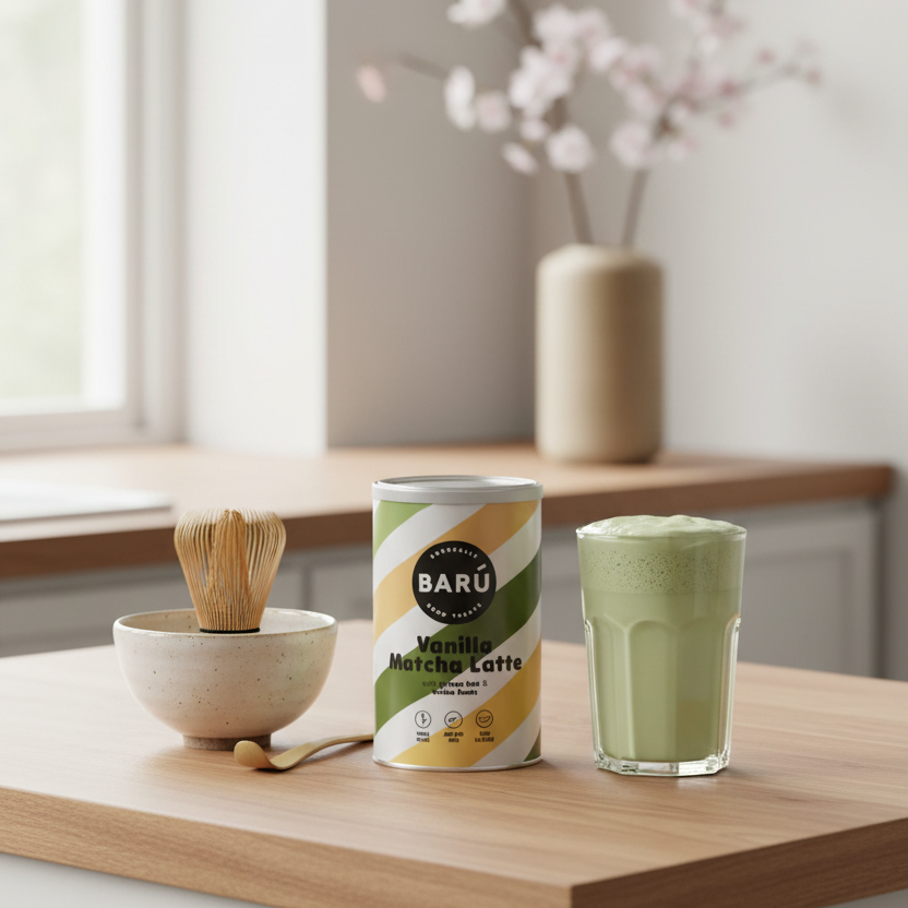 Barú Vanilla Matcha Latte: supermakkelijk en super lekker. Met vanille en tonkabonen. Beeld gegenereerd met AI.