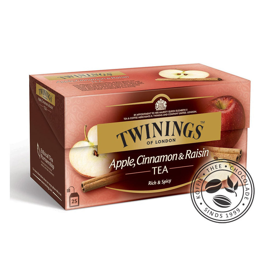 Twinings Apple, Cinnamon & Raisin TEA, Rich & Spicy. Zwarte thee met appel, kaneel en rozijnen: een harmonische melange van de fijnste China zwarte theesoorten.