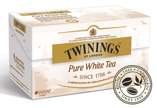 Wit doosje met pure witte thee van Twinings. Opdruk van het doosje: 