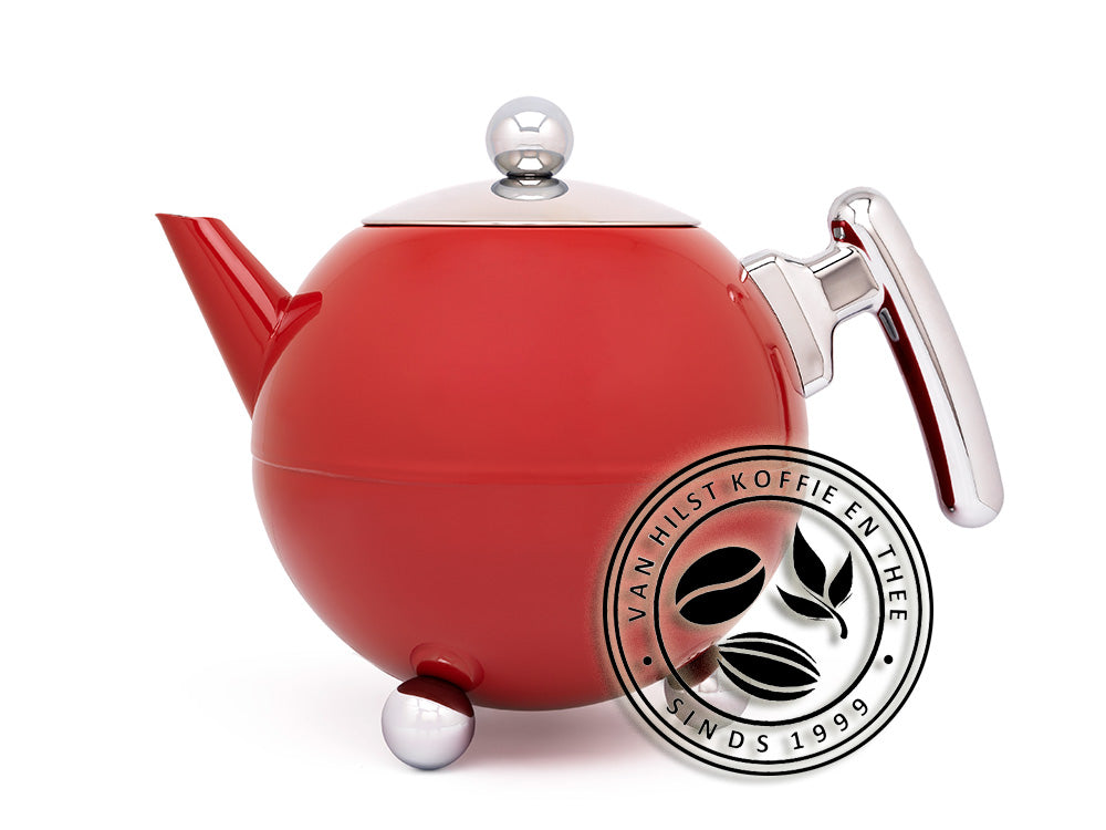Bredemeijer - Duet Bella Ronde Carmine Red - Dubbewandige theepot met terracotta kleur en chromen handgrepen.