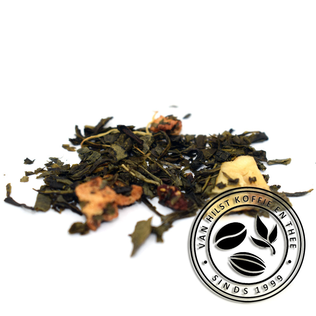 Groene thee, bananenchips, aroma, aardbei, goudsbloembloesem.