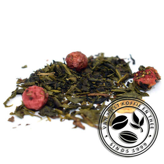 Groene thee met stukjes mango, sinaasappel, citroen, aardbeien, bessen en natuurlijk ananas-cassis aroma.