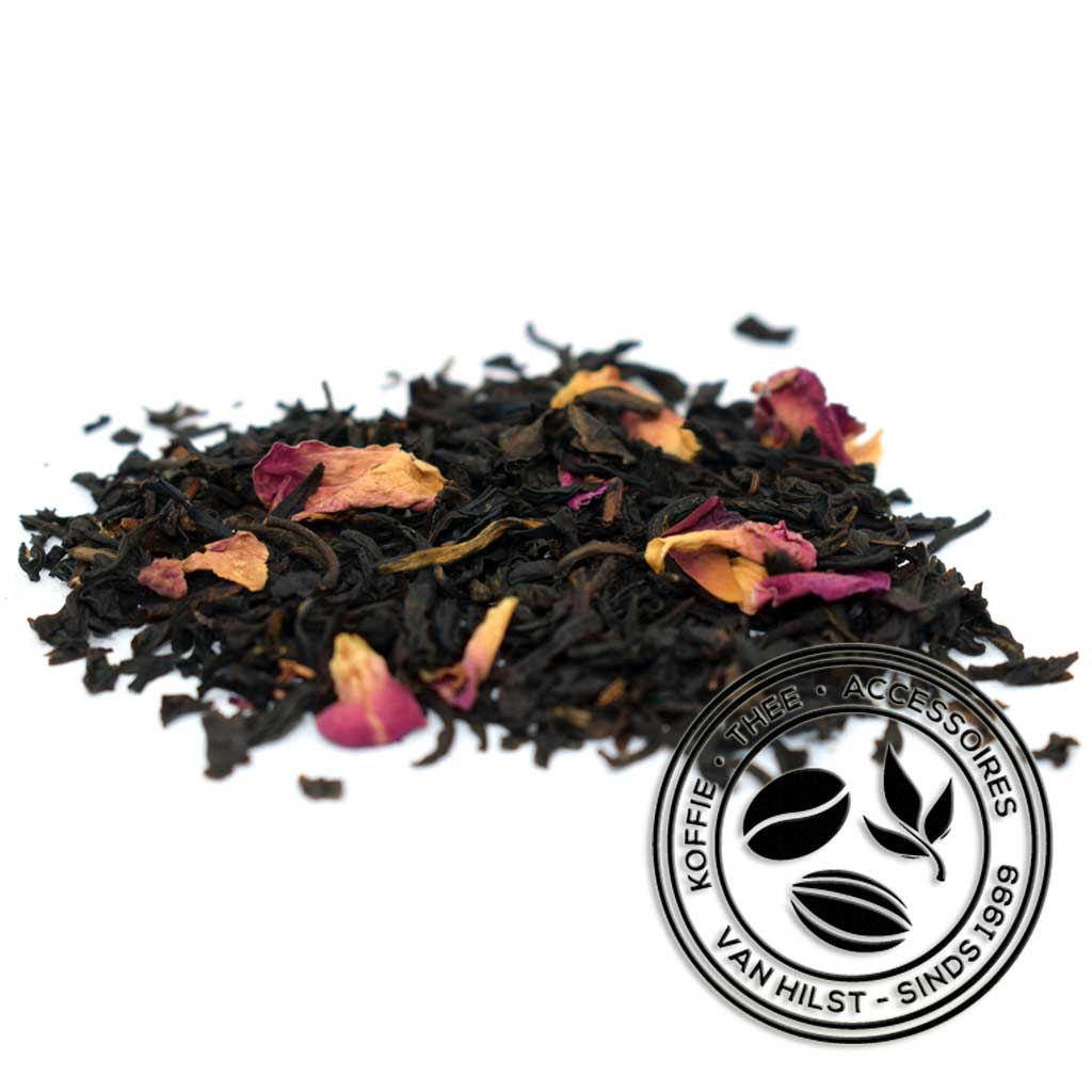 Klassieke zwarte theemelange uit de Chinese traditie met rozengeur en rozenblaadjes. Koffie - Thee - Accessoires - Van Hilst Sinds 1999.