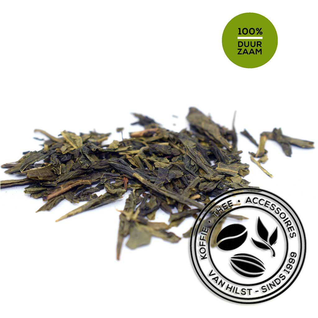 Afbeelding van pure groene thee: Chinese Sencha. Met logo "Koffie-thee-accessoires - Van Hilst - Sinds 1999" en groen logo "100% Duurzaam".