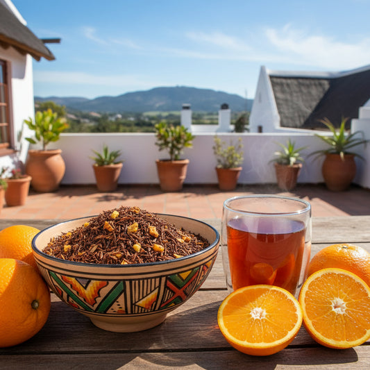 Gegenereerd beeld. Een schaal Rooibos Sinaasappel , een glas rooibos en sinaasappels - op een zonnig terras in Zuid-Afrika. www.vanhilst.com