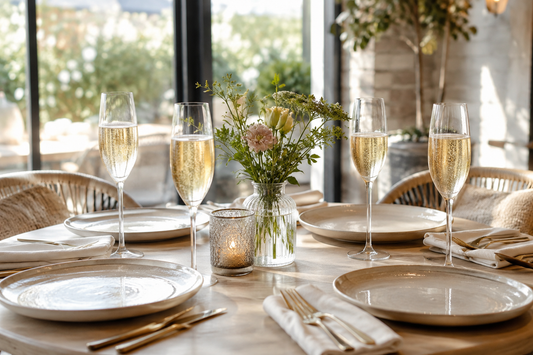 Sparkling Tea - Thee op een hoog niveau. 4 hoge glazen met Sparkling Tea op een gedekte tafel. AI Image.