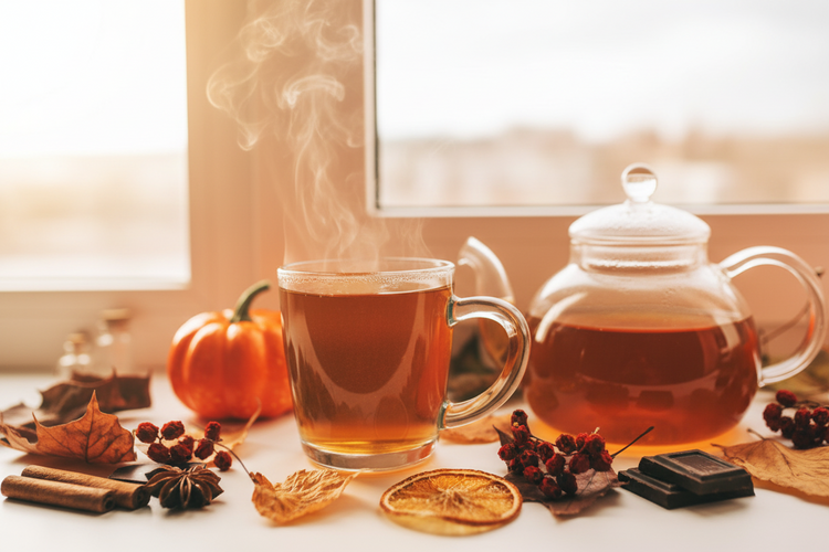 AI Image Autumn mood with teaglass and teapot.