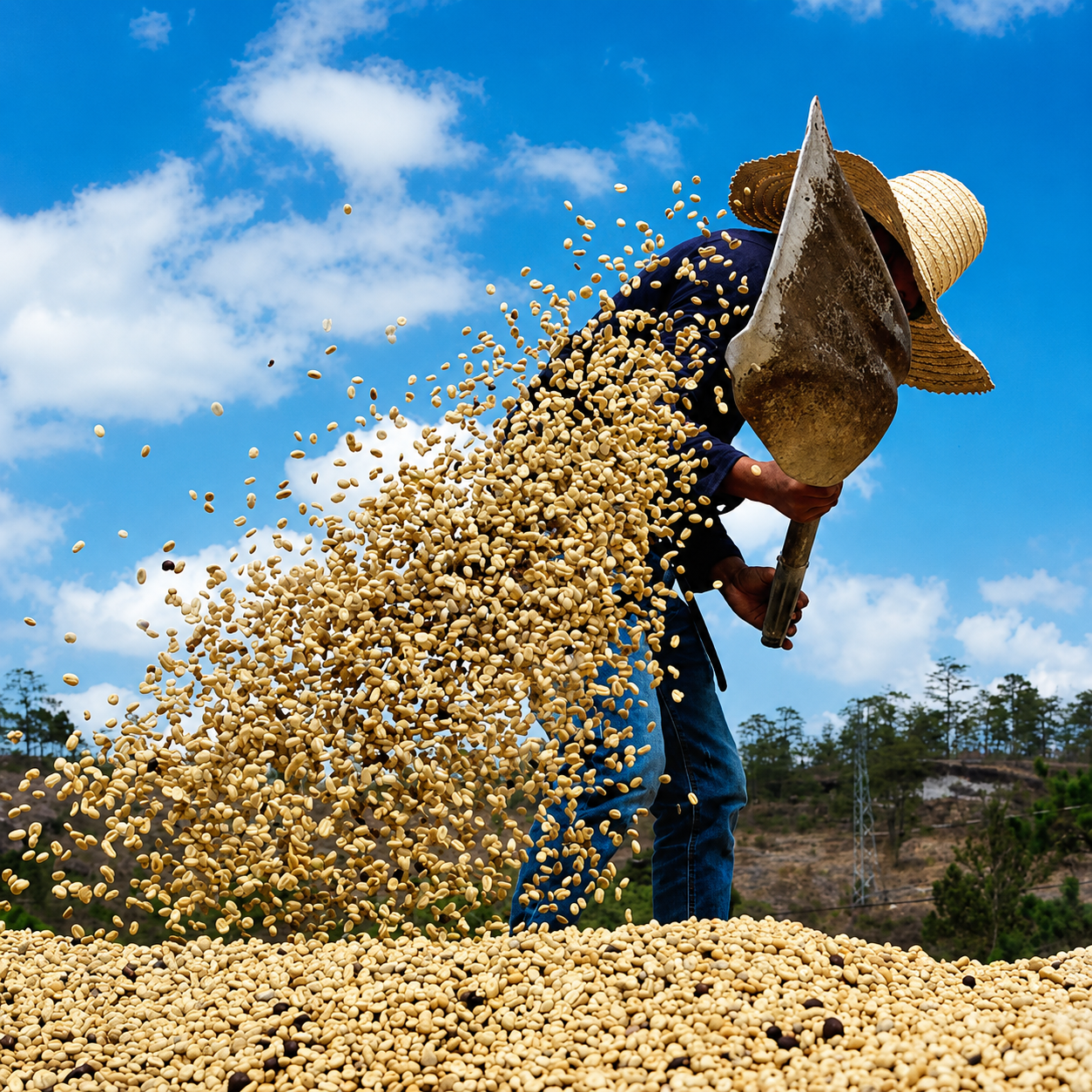 Koffieboer in Honduras, die de groene koffiebonen  doorschept, voor een gelijkmatige droging en rijping.