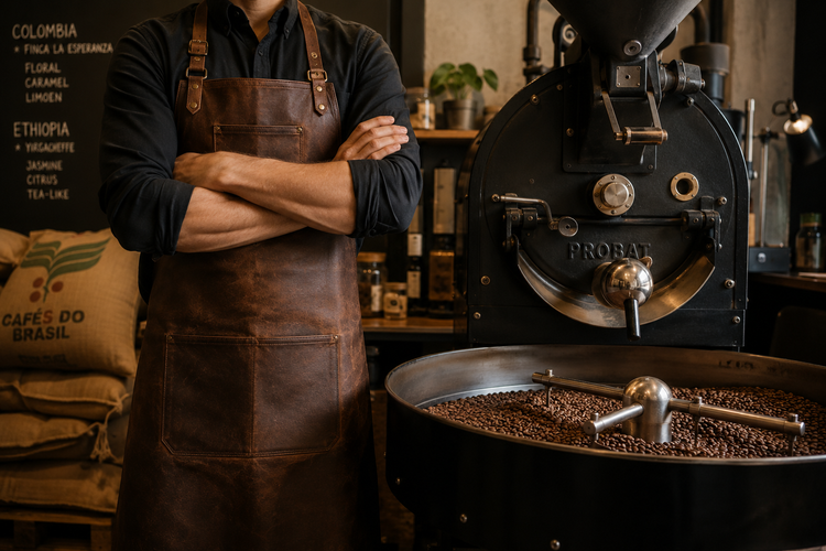 AI gegenereerd beeld van een ambachtelijke koffiebranderij met een trotse barista naast zijn brander.
