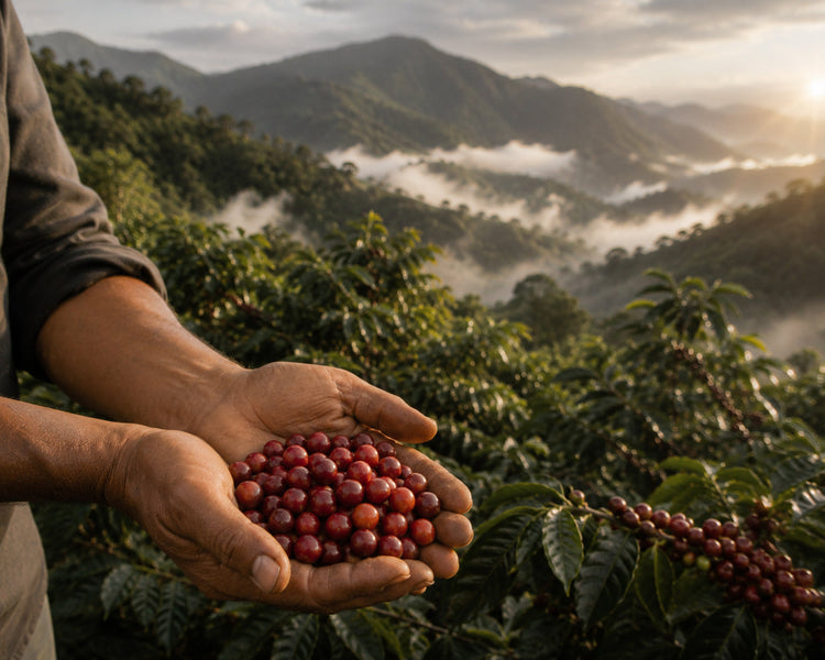 Twee handen vol koffiebessen, op de achtergrond een landschap van koffiestruiken in Nicaragua.