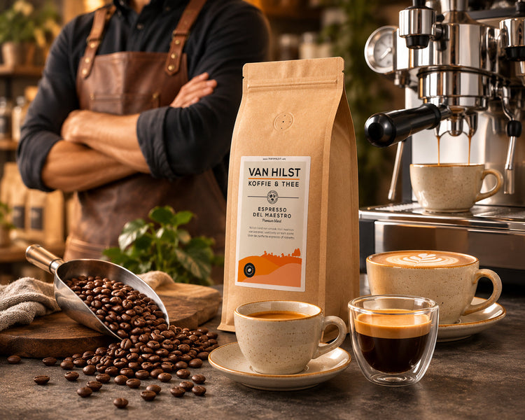 AI Gegenereerd beeld. Premium Blend illustratie met een pak Premium Espresso del Maestro, een paar kopjes koffie, espresso en cappuccino een koffiemachine en een Barista op de achtergrond.