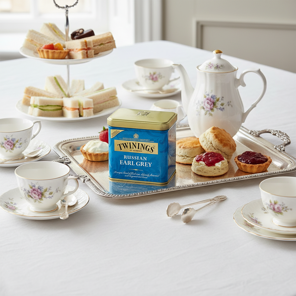 Blikje Twinings Russian Earl Grey op een dienblad bij de High Tea, met klassiek Engels servies, scones, finger sandwiches en chocolade.