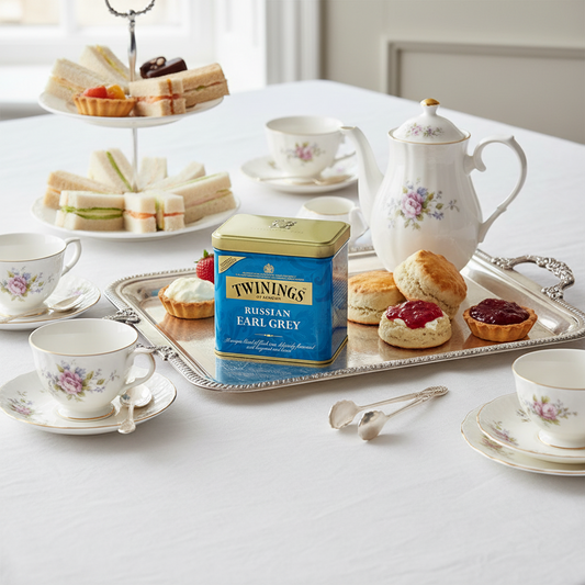Blikje Twinings Russian Earl Grey op een dienblad bij de High Tea, met klassiek Engels servies, scones, finger sandwiches en chocolade.