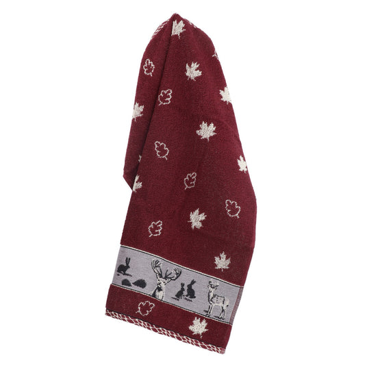 Keukendoek Forest Animals Burgundy GOTS