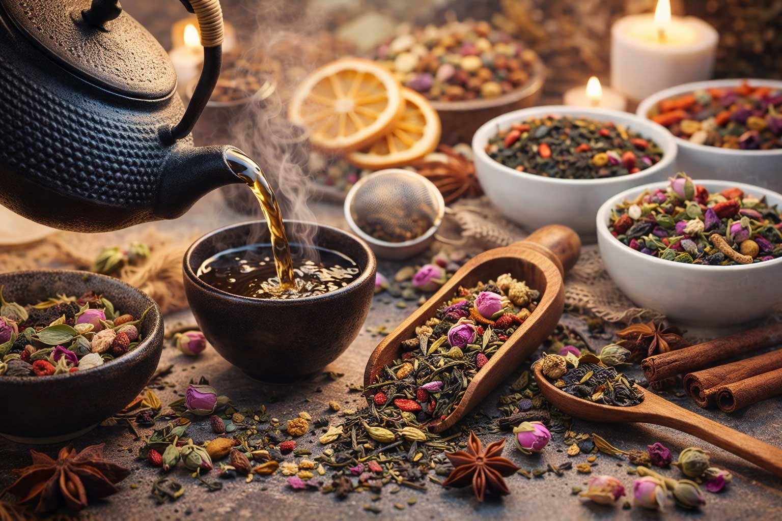 AI Gegeneerd beeld van losse thee met kleurrijke ingredienten, zoals rozenknopjes, steranijs en kardemom. De thee ligt op een houten schep, in witte schaaltjes en bakjes. Op de voorgrond ook een houten lepel en kaneelstokjes. Thee wordt ingeschonken vanuit een zwarte gietijzeren theepot in een zwart kommetje.