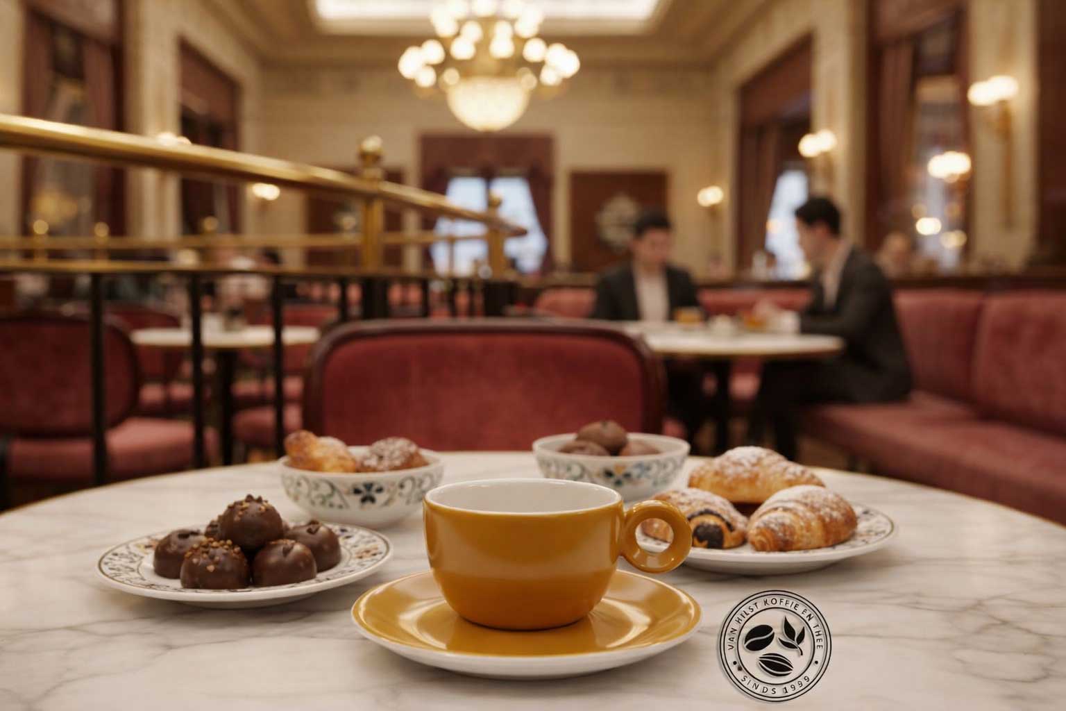 Costa Verde kopje op een tafel met lekkernijen in een grand café.