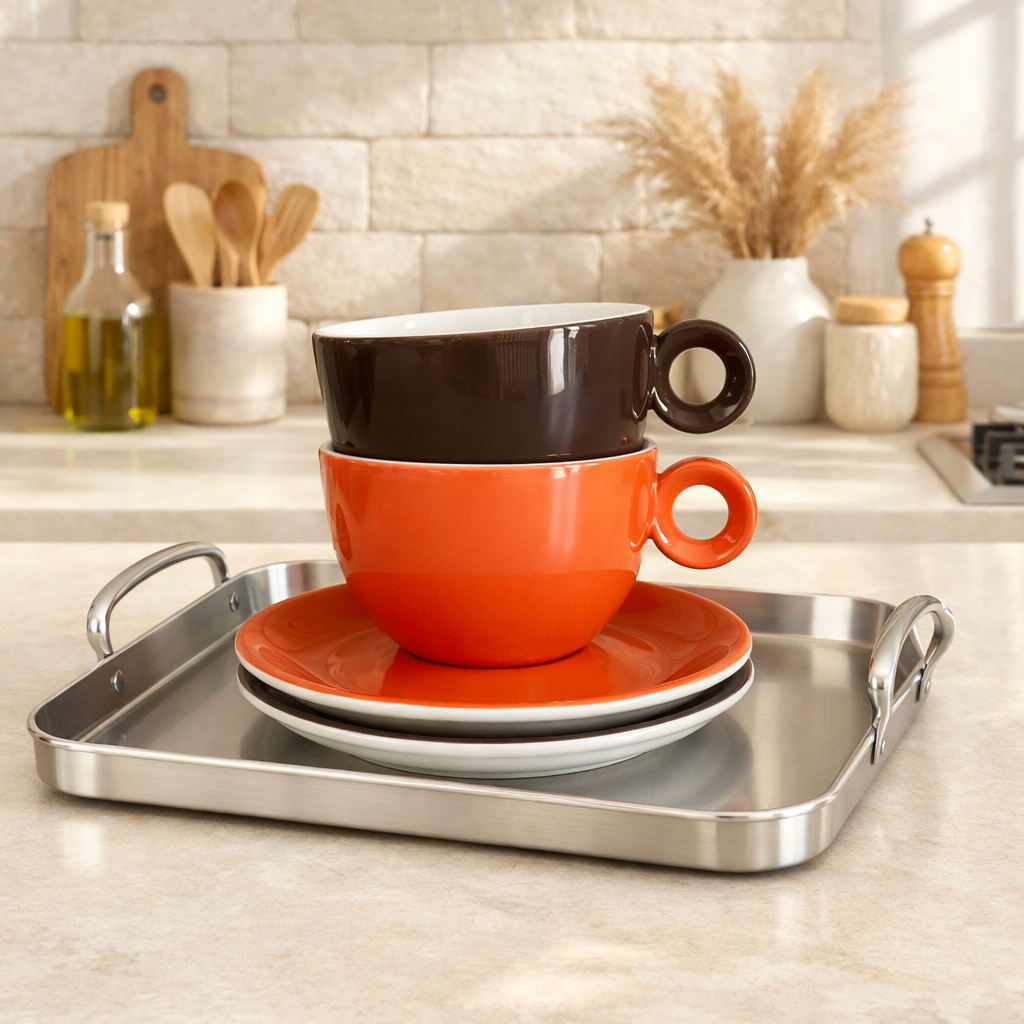 Chocolade bruin en oranje cappuccino kop-en-schotel van Costa Verde, op een stalen dienblad in een moderne, mediterrane keuken.
