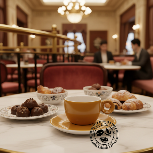 AI gegenereerd beeld van een Costa Verde kop-en-chotel in de kleur oker, op een tafel met schaaltjes zoete lekkernijen, in een grand café.