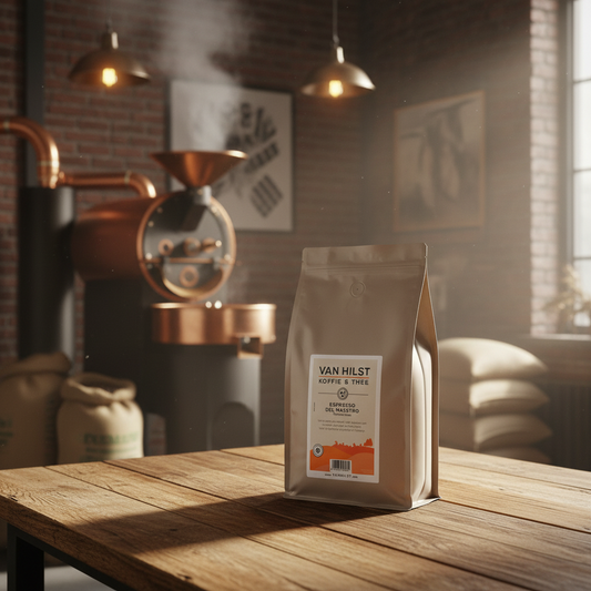 AI gegenereerd beeld van een zak Espresso del Maestro koffiebonen van Van Hilst Koffie en Thee, op een houten tafel in een ambachtelijke koffiebranderij.