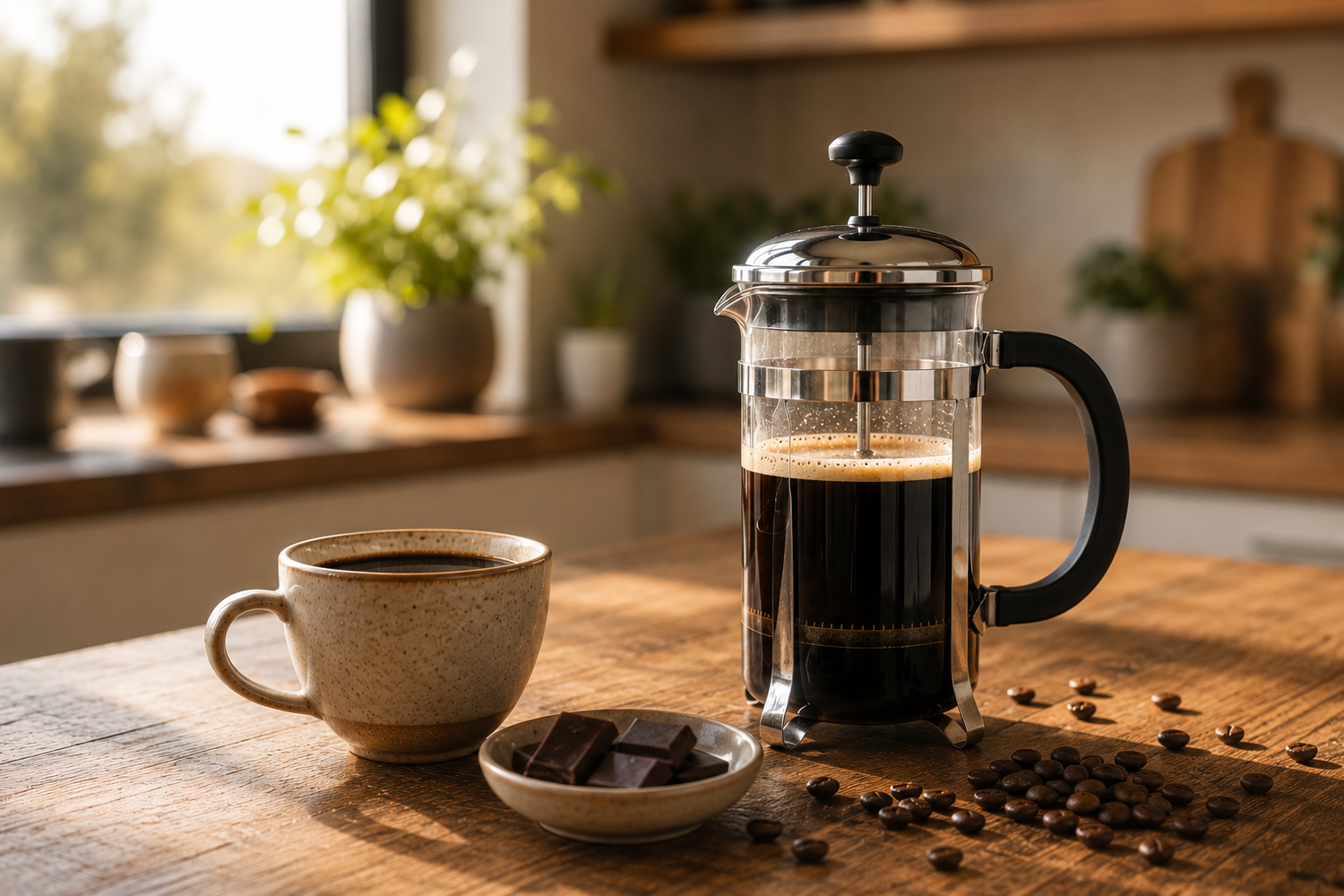 Cafetiere op een tafel met mooi licht door het keukenraam. Blokjes chocolade op een schaaltje ernaast.