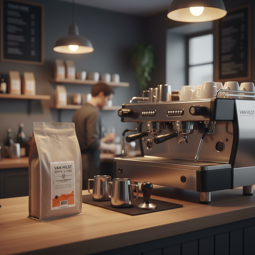AI gegeneerd beeld van een pak Italian Espresso op een bar, naast een espressomachine.