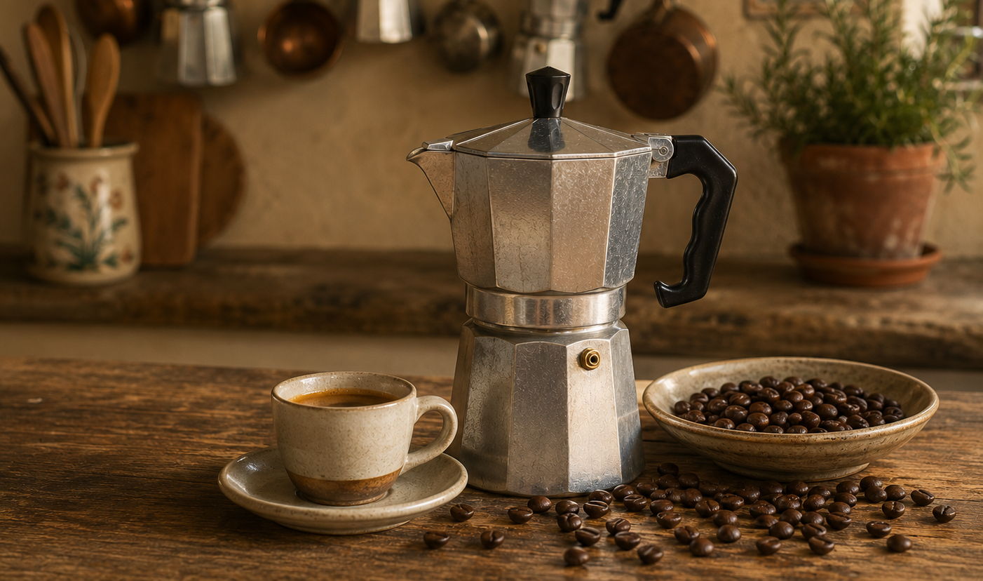 Espressopotje of Moka in een Italiaanse keuken met een kopje koffie ernaast en een schaaltje koffiebonen. AI Image.
