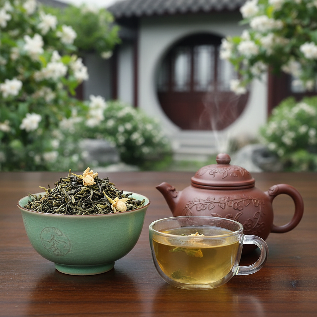 Een Chinese tuin met een tafel, waarop een schaal Jasmijntheem een kopje thee en een Chinees aadrewerk theepotje. AI Image.