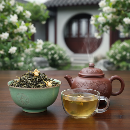 Een Chinese tuin met een tafel, waarop een schaal Jasmijntheem een kopje thee en een Chinees aadrewerk theepotje. AI Image.