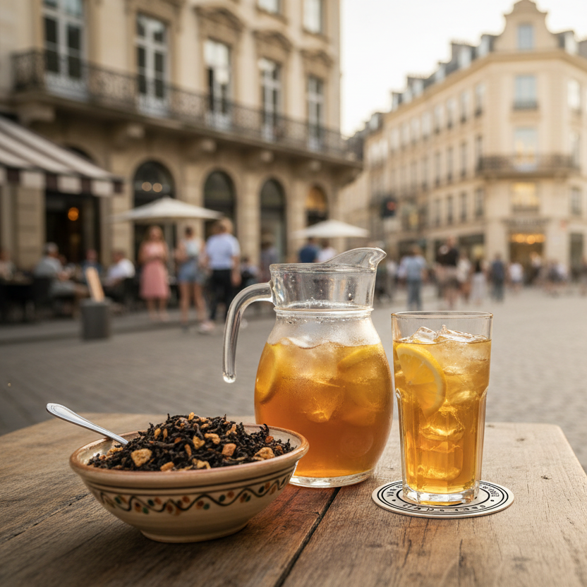Op een terras in een drukke stad, de citroen thee in een schaal, een kan en een glas ijsthee ernaast. AI image.