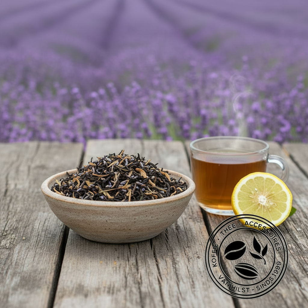Een schaal No.117 Earl Grey Lavendel, een kop thee en een bergamotcitroen ernaast. Op de achtergrond een veld met lavendel.
Koop deze en andere losse thee op www.vanhilst.com.