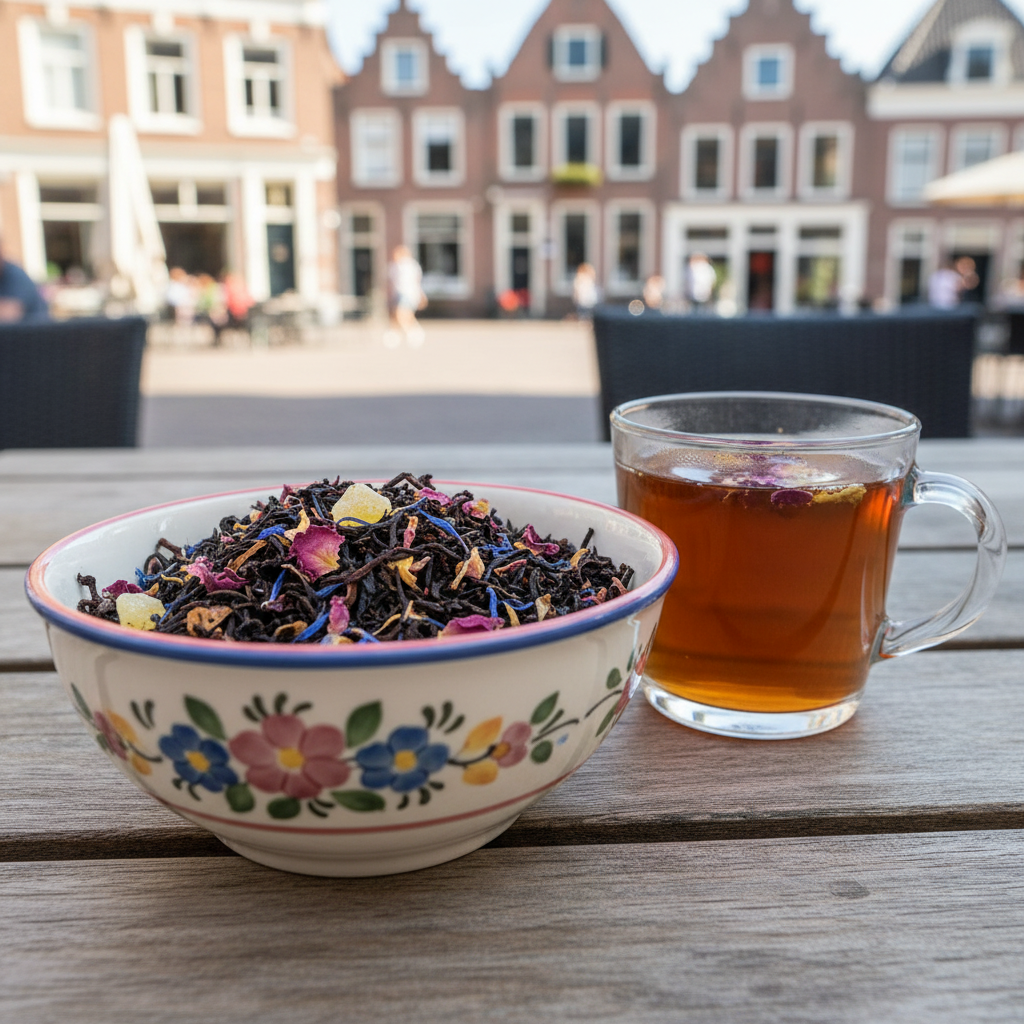 Gegenereerd beeld van een schaal Nijmegen Thee en een kop thee op een tafel op een gezellig terras.