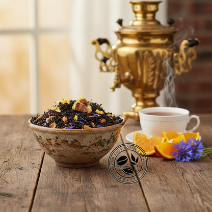 AI gegnereerd beeld van een schaal Oriental Earl Grey, met ernaast een kopje thee en sinaasappel en korenbleom ter decoratie. Op de achtergrond een samovaar.